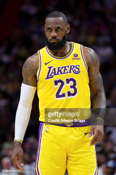 LeBron James of the Los Angeles Lakers looks on against the Miami Heat during the second quarter of the game at Kaseya Center on November 06, 2023 in...