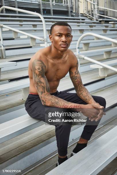 Wide receiver for the Philadelphia Eagles, DeVonta Smith is photographed for Men's Health Magazine on June 19, 2023 at Florence Township Memorial...