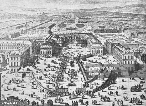 ilustraciones, imágenes clip art, dibujos animados e iconos de stock de versalles en la época del rey luis xiv, vista aérea - louis xiv de francia