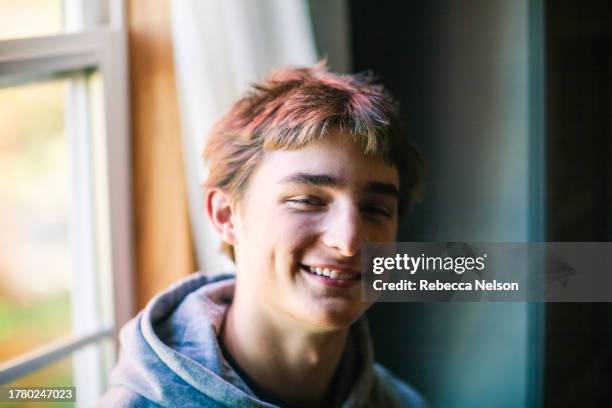 head shot of smiling teenage boy in front of window - 16 17 years stock pictures, royalty-free photos & images