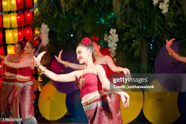 rum thai performance of young thai women - thai culture stock pictures, royalty-free photos & images