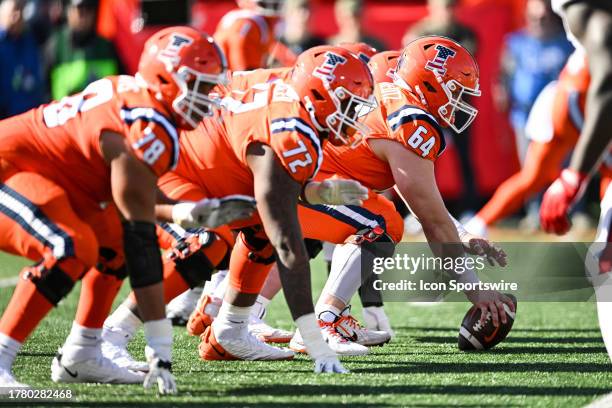 Illinois OL Josh Kreutz prepares to snap the ball during a college football game between the Indiana Hoosiers and Illinois Fighting Illini on...