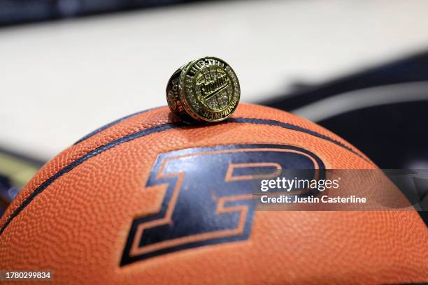 The Big Ten championship ring is seen on the court before the game between the Purdue Boilermakers and the Samford Bulldogs at Mackey Arena on...