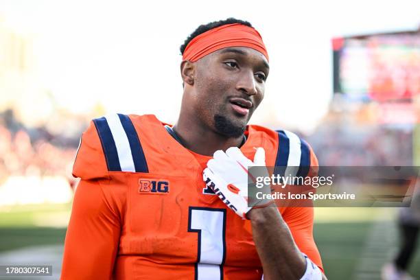 Illinois WR Isaiah Williams following a college football game between the Indiana Hoosiers and Illinois Fighting Illini on November 11, 2023 at...