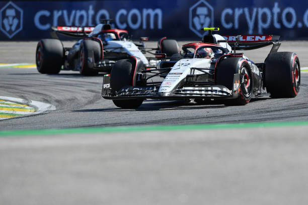 F1 Grand Prix of BrazilSAO PAULO, BRAZIL - NOVEMBER 5: Yuki Tsunoda of Japan driving the (22) Scuderia AlphaTauri AT04 leads Daniel Ricciardo of Australia driving the (3) Scuderia AlphaTauri AT04 during the F1 Grand Prix of Brazil at Autodromo Jose Carlos Pace on November 5, 2023 in Sao Paulo, Brazil.
