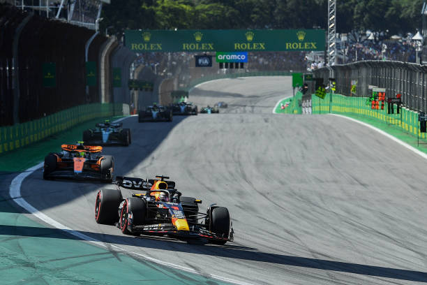 F1 Grand Prix of BrazilSAO PAULO, BRAZIL - NOVEMBER 5: Max Verstappen of the Netherlands driving the (1) Oracle Red Bull Racing RB19 leads Lando Norris of Great Britain driving the (4) McLaren MCL60 Mercedes during the F1 Grand Prix of Brazil at Autodromo Jose Carlos Pace on November 5, 2023 in Sao Paulo, Brazil. 