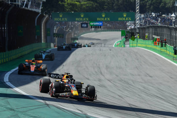 F1 Grand Prix of BrazilSAO PAULO, BRAZIL - NOVEMBER 5: Max Verstappen of the Netherlands driving the (1) Oracle Red Bull Racing RB19 leads Lando Norris of Great Britain driving the (4) McLaren MCL60 Mercedes during the F1 Grand Prix of Brazil at Autodromo Jose Carlos Pace on November 5, 2023 in Sao Paulo, Brazil.