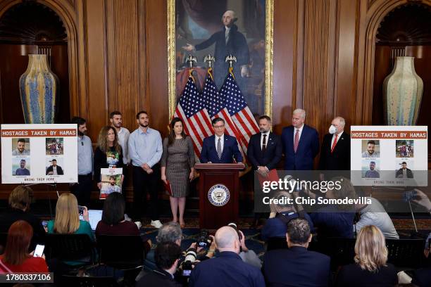 Speaker of the House Mike Johnson speaks during a news conference with fellow House Republican leaders and family members of people kidnapped by...