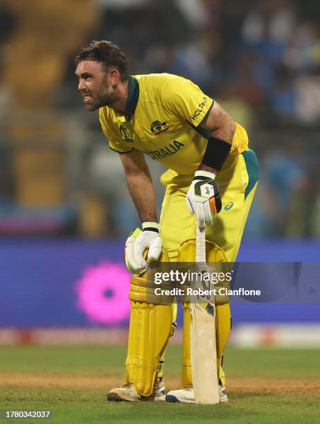 Glenn Maxwell of Australia reacts during the ICC Men's Cricket World Cup India 2023 between Australia and Afghanistan at Wankhede Stadium on November...