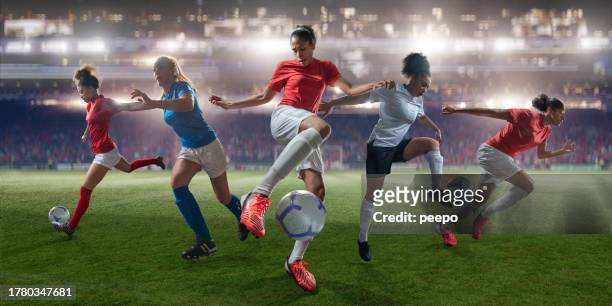 womens soccer players sports montage - international team soccer stock pictures, royalty-free photos & images