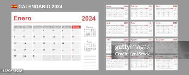 ilustraciones, imágenes clip art, dibujos animados e iconos de stock de calendario español para 2024. la semana comienza el lunes. plantilla vectorial simple. planificador de diseño de negocios. - calendario español