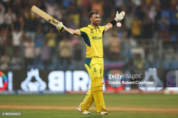 Glenn Maxwell of Australia celebrates after hitting a six for the winning runs, finishing unbeaten on 201not out during the ICC Men's Cricket World...