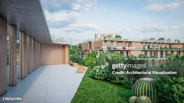 render 3d de un moderno edificio de oficinas con terrazas verdes - hotel ecologico fotografías e imágenes de stock