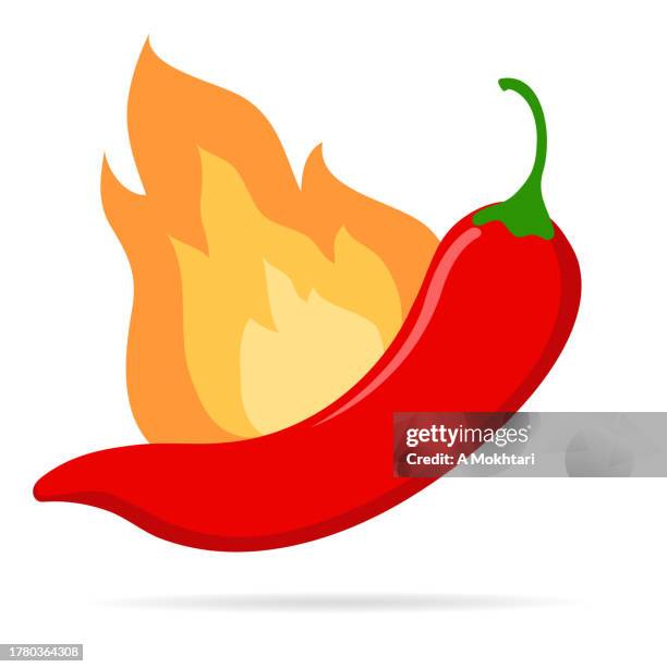 red chili pepper illustration with flame. - pimento stock illustrations