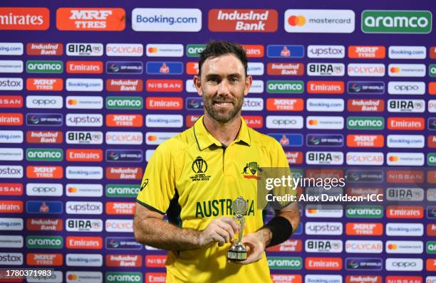 Glenn Maxwell of Australia poses after being named Player of the Match following the ICC Men's Cricket World Cup India 2023 between Australia and...