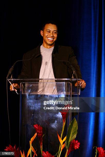 Tiger Woods makes his acceptance speech for the Arnold Palmer, Jack Nicklaus and Byron Nelson Award Trophies all of which he won during the PGA...