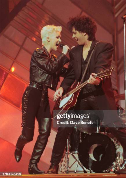 Swedish pop rock duo Roxette perform on stage at the Smash Hits Poll Winners Party, Docklands Arena, London, January 11th 1990.