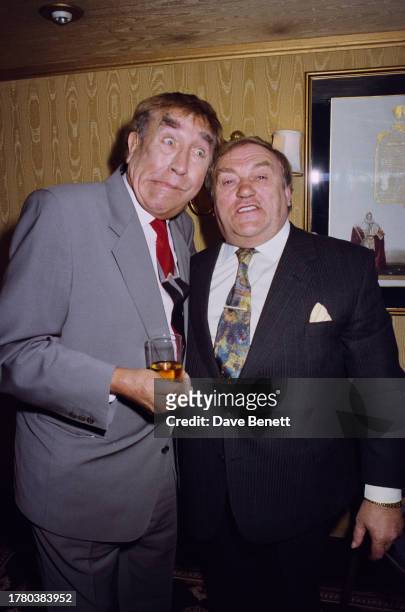 English comedians Frankie Howerd and Les Dawson, London, April 1991.