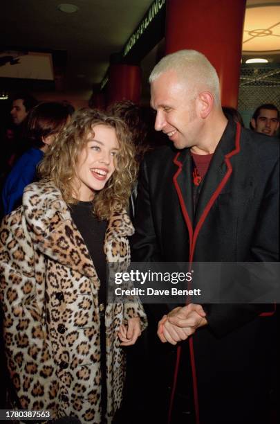 Australian singer Kylie Minogue and French fashion designer Jean Paul Gaultier at the opening of Gaultier's new store in London, 12th November 1991.