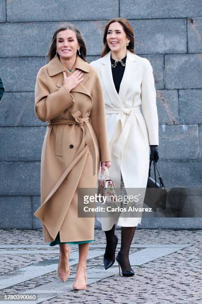 Queen Letizia of Spain and Crown Princess Mary of Denmark attend a wreath laying ceremony at the Citadel onon November 07, 2023 in Copenhagen,...