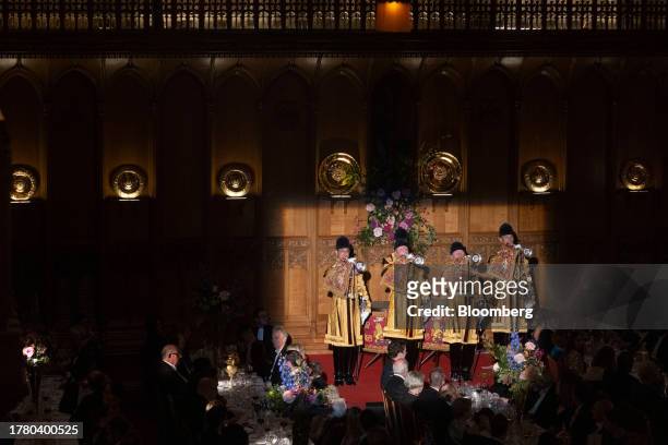 Pipers play an introduction at the Lord Mayor's Banquet at the Guildhall in the City of London, UK, on Monday, Nov. 13, 2023. Sunak appointed David...