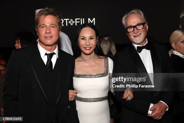 Brad Pitt, 2023 LACMA Art+Film Gala Co-Chair Eva Chow and Honoree David Fincher attend the 2023 LACMA Art+Film Gala, Presented By Gucci at Los...