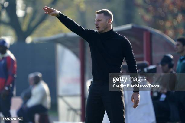 Ignazio Abate Head Coach of AC Milan U19 gestures during the match of Group F - UEFA Youth League 2023/24 between AC Milan U19 and Paris Saint...