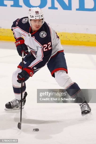 Jake Bean of the Columbus Blue Jackets skates with the puck against the Florida Panthers at the Amerant Bank Arena on November 6, 2023 in Sunrise,...