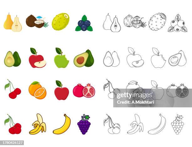 ilustrações de stock, clip art, desenhos animados e ícones de set of fruits illustration with contour drawing. coloring and learning, line icon. - abacate hass