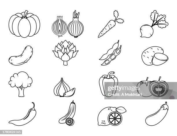 set von gemüseillustration mit konturzeichnung. färbung, liniensymbol. - malbuch stock-grafiken, -clipart, -cartoons und -symbole