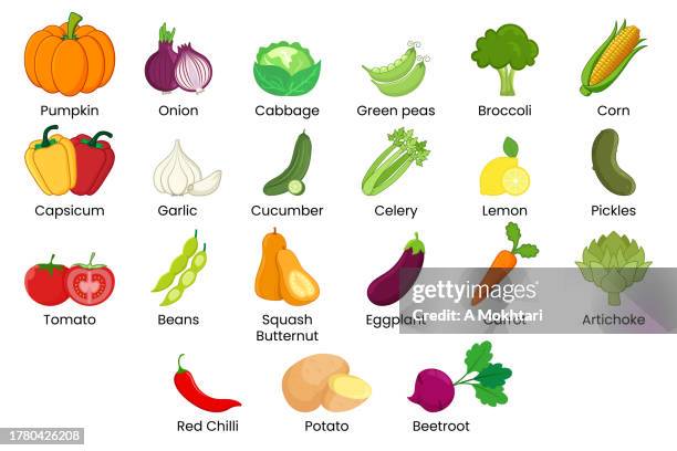 illustrazioni stock, clip art, cartoni animati e icone di tendenza di set di illustrazioni di verdure. - cetriolo