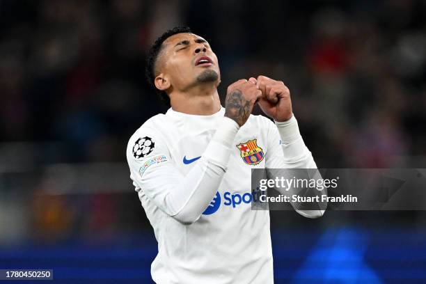 Raphinha of FC Barcelona reacts after missed chance during the UEFA Champions League match between FC Shakhtar Donetsk and FC Barcelona at...