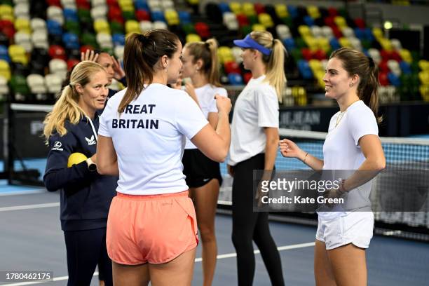 Jodie Burrage and Maia Lumsden in training prior to the Billie Jean King Cup Play-Off match between Great Britain and Sweden at Copper Box Arena on...