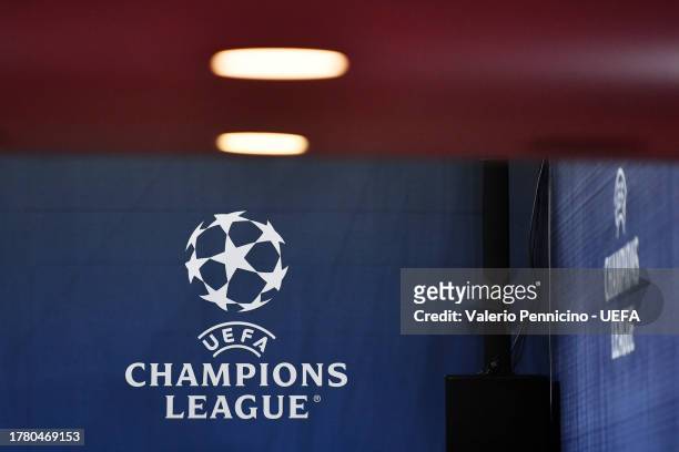 Detailed view of the UEFA Champions League logo is seen prior to the UEFA Champions League match between AC Milan and Paris Saint-Germain at Stadio...