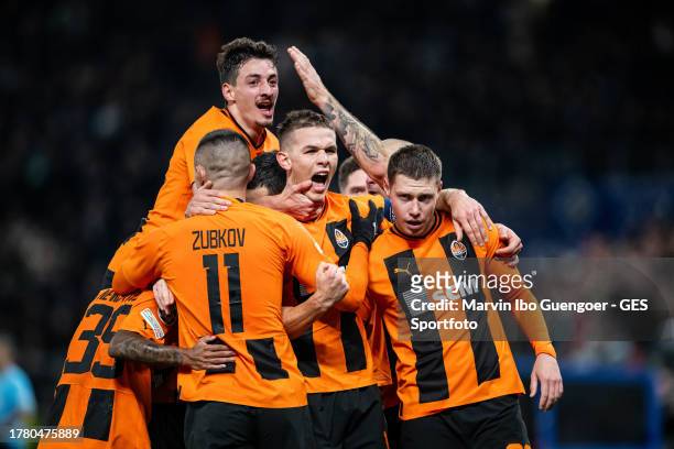 Danylo Sikan celebrates after scoring his team's first goal during the UEFA Champions League match between FC Shakhtar Donetsk and FC Barcelona at...