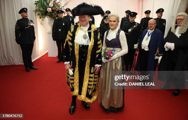 Lord Mayor of the City of London Michael Mainelli arrives to attend the Lord Mayor's Banquet at Guildhall in central London on November 13, 2023. The...
