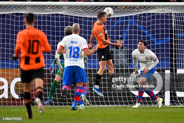 Danylo Sikan of FC Shakhtar Donetsk scores the team's first goal during the UEFA Champions League match between FC Shakhtar Donetsk and FC Barcelona...