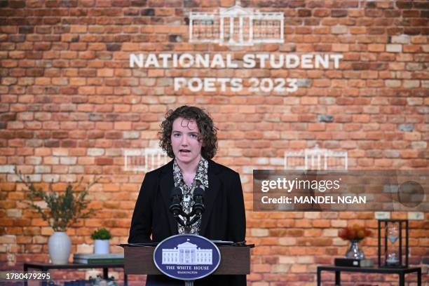 Kallan McKinney, of Norman, Oklahoma, delivers remarks during an event to honor the Class of 2023 National Student Poets, in the South Court...