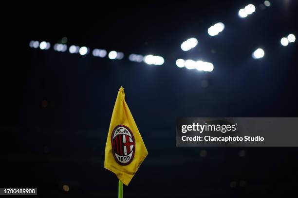 Logo of AC Milan is seen inside the stadium during the UEFA Champions League match between AC Milan and Paris Saint-Germain at Stadio Giuseppe Meazza...