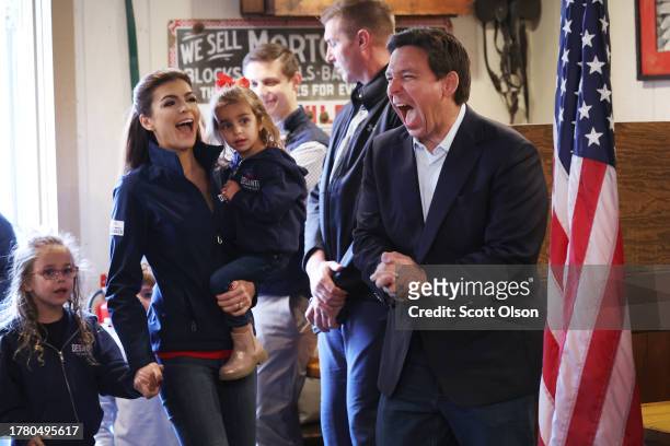 Republican presidential candidate Florida Governor Ron DeSantis arrives with his family for a campaign event at the Machine Shed restaurant on...