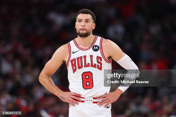 Zach LaVine of the Chicago Bulls reacts against the Utah Jazz during the second half at the United Center on November 06, 2023 in Chicago, Illinois....