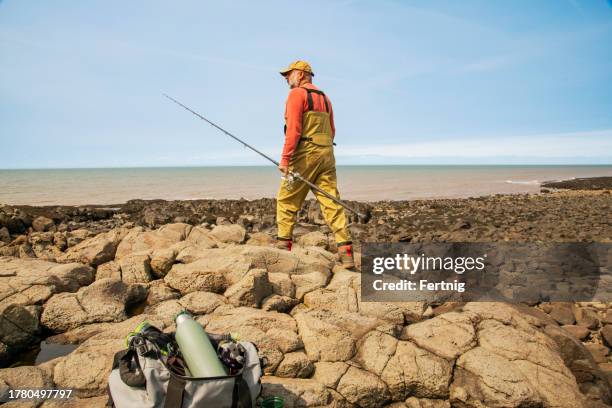 a sport fisher on the rocks of the bay of fundy - bay of fundy stock pictures, royalty-free photos & images