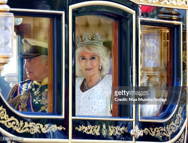 King Charles III and Queen Camilla travel down The Mall in the Diamond Jubilee State Coach, from Buckingham Palace to the Houses of Parliament, to...