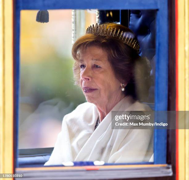 Lady Sarah Keswick travels down The Mall in a horse drawn carriage, from the Houses of Parliament to Buckingham Palace, after attending The State...