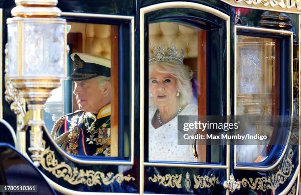 King Charles III and Queen Camilla travel down The Mall in the Diamond Jubilee State Coach, from Buckingham Palace to the Houses of Parliament, to...