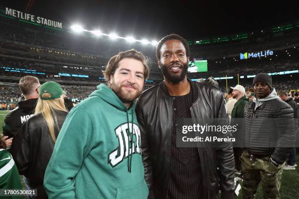 Michael Gandolfini and Tobias Truvillion attend the Los Angeles Chargers vs New York Jets Monday Night Football game at MetLife Stadium on November...