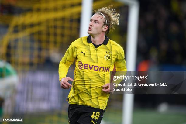 Julian Brandt of Dortmund celebrates after scoring his team's second goal during the UEFA Champions League match between Borussia Dortmund and...