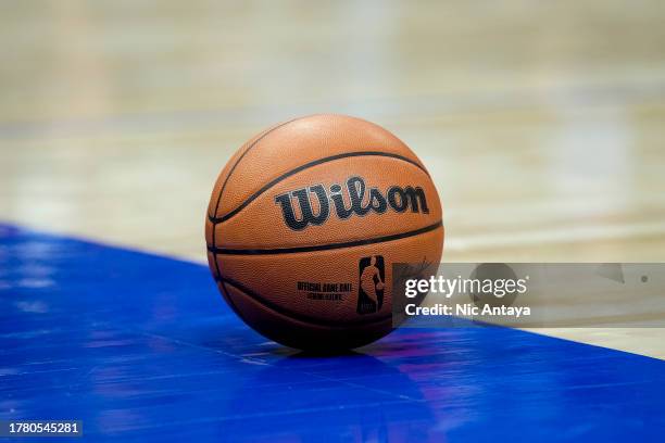 Wilson brand NBA basketball is pictured during the game between the Detroit Pistons and Golden State Warriors at Little Caesars Arena on November 06,...