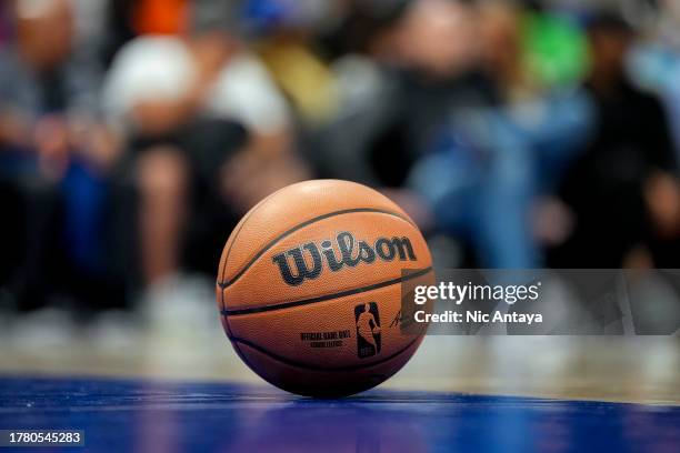 Wilson brand NBA basketball is pictured during the game between the Detroit Pistons and Golden State Warriors at Little Caesars Arena on November 06,...