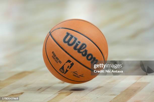 Wilson brand NBA basketball is pictured during the game between the Detroit Pistons and Golden State Warriors at Little Caesars Arena on November 06,...